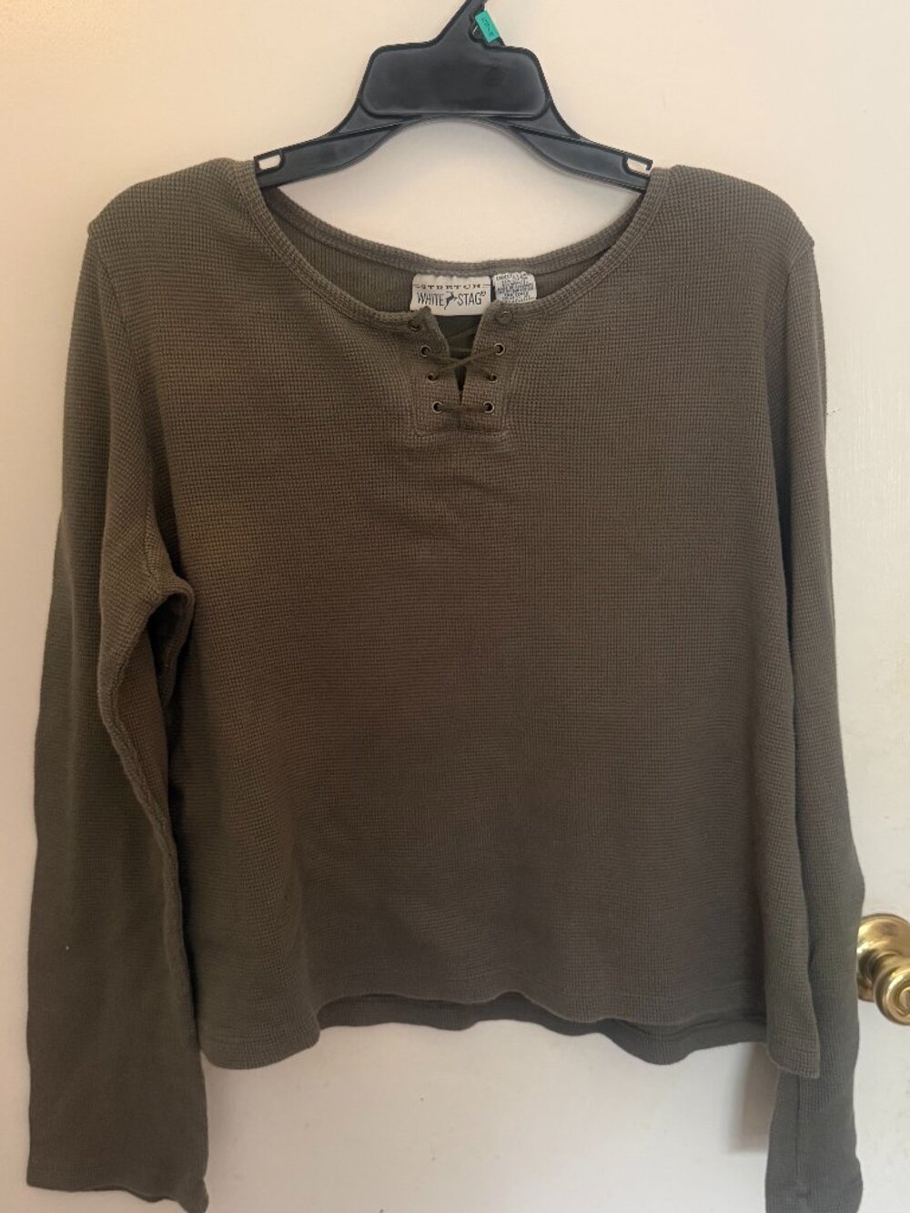 White Stag Waffle Ivy Green Knit-Long-Sleeve Henley Shirt W XL